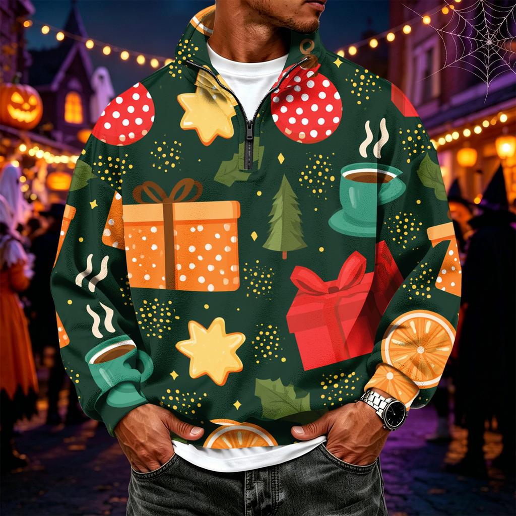 Men's Casual Flannel Quarter-Zip Long Sleeve Sweatshirt with Christmas Print