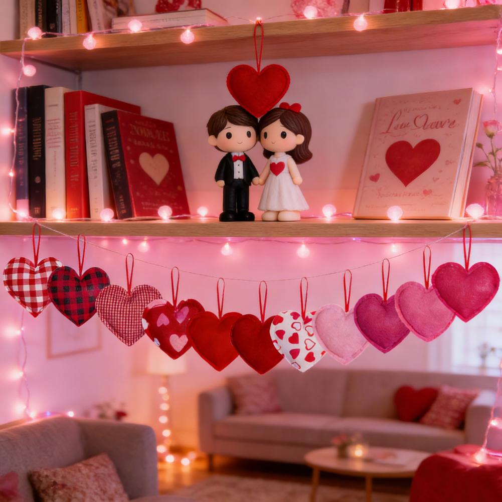 Heart Pendant Decoration Soft Fabric Heart Charm 12 Pcs Felt Heart Ornaments Pink Buffalo Plaid Fabric Charms for Valentine's