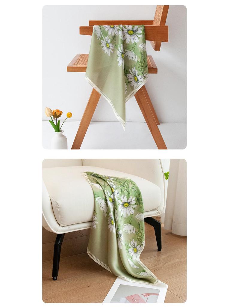 Elegant Green Daisy Mulberry Silk Scarf - Pastoral Style Women's Neck Warmer