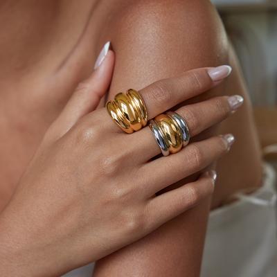 Mode luxe léger 18 carats, bague bombée côtelée bicolore or et argent, bijoux qui ne se décolorent pas