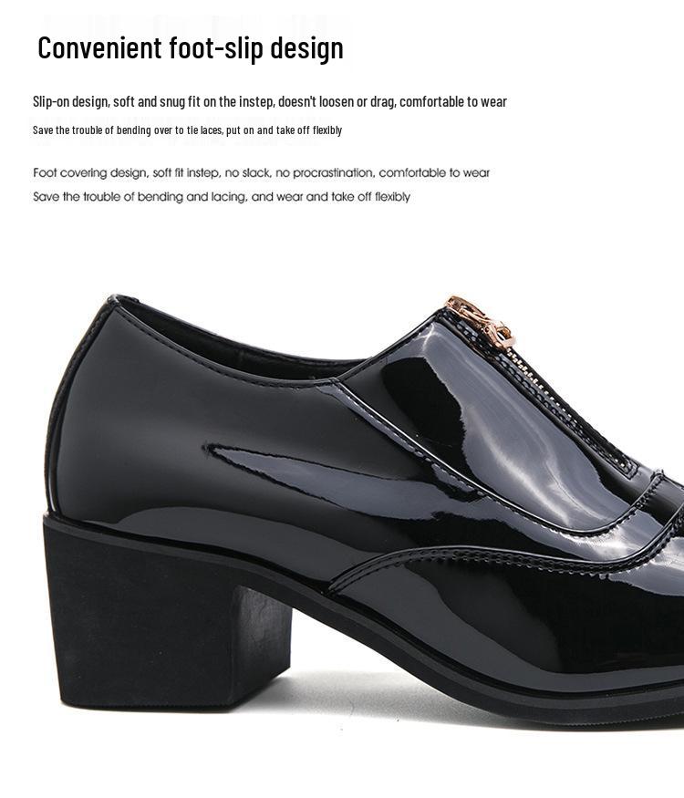 Men's Cross-Border Shiny Leather Dress Shoes - Pointed, Chunky Heel, Height Increasing, Zippered for Spring & Autumn
