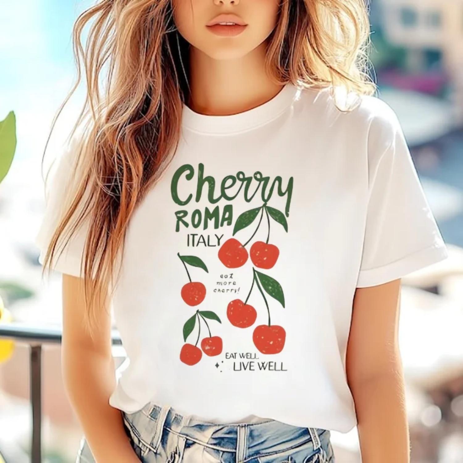 

Sweet Cherry Fruit Pattern Printed Summer Casual Short Sleeved Women s Basic T-Shirt Street Fun Regular Cute Pattern T-Shirt XXXXXL білий