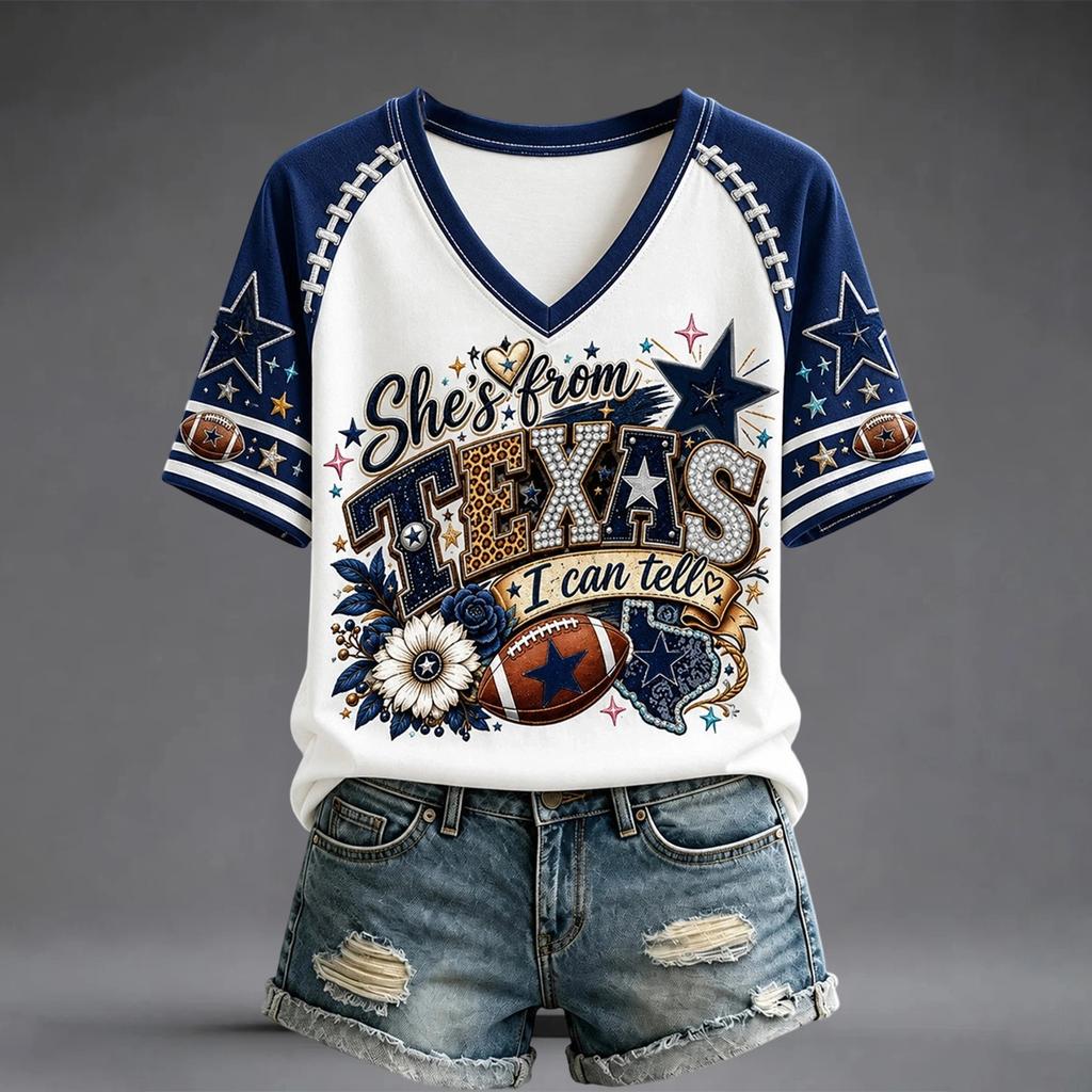Damen Freizeit V-Ausschnitt Kurzarm T-Shirt mit Raglanärmeln und Rugby-Print