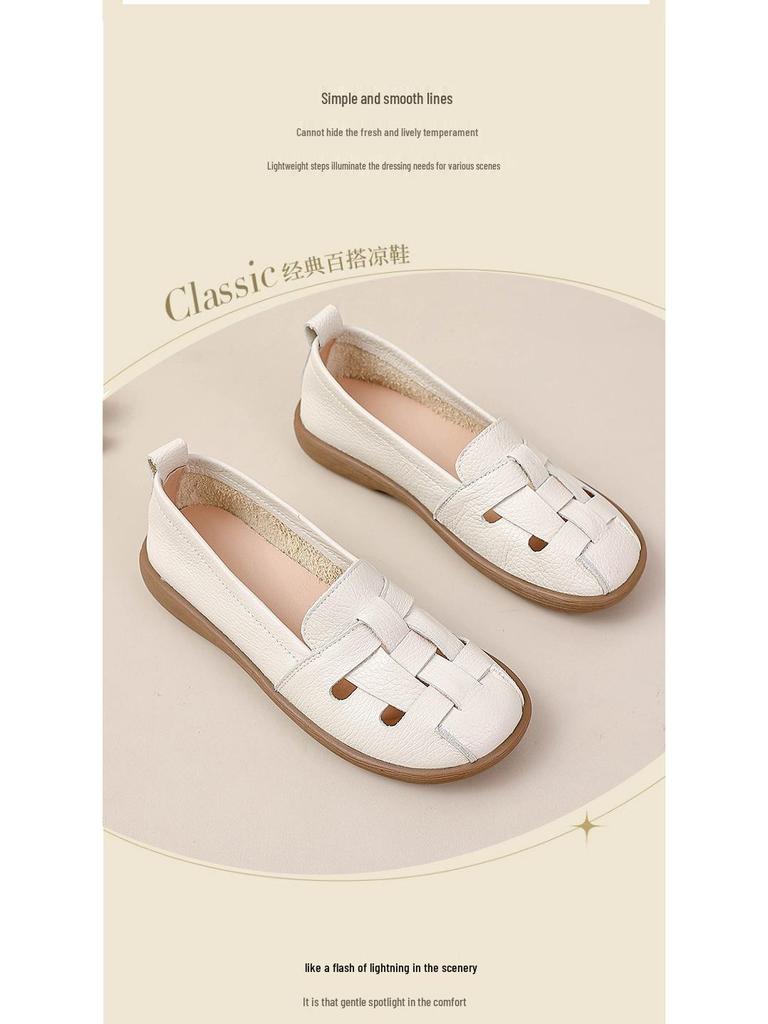 Genuine Leather Women's Summer Casual Comfort Sandals with Soft Soles and Perforated Design for Middle-Aged Moms