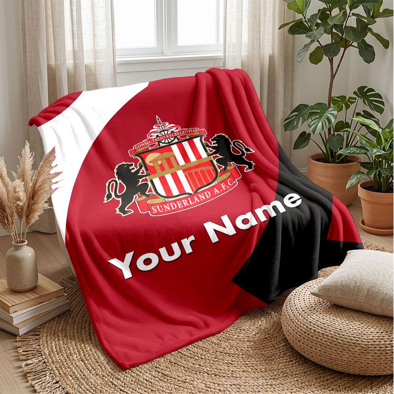 Sunderland FC Custom Name Text Flannel Blanket Soccer Logo Personalized Fleece Throw Blanket Special Gift For Sofa Bedroom Home