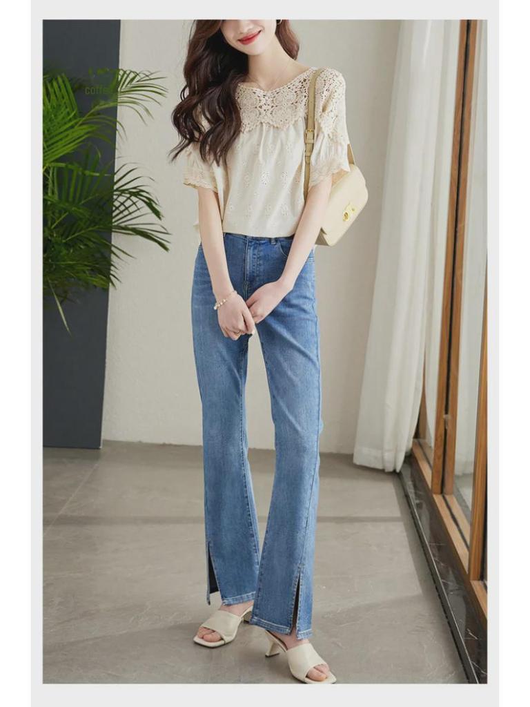 Apricot Lace Women's Long Sleeve Hollow Shirt – 2025 Spring Chic Cotton Design