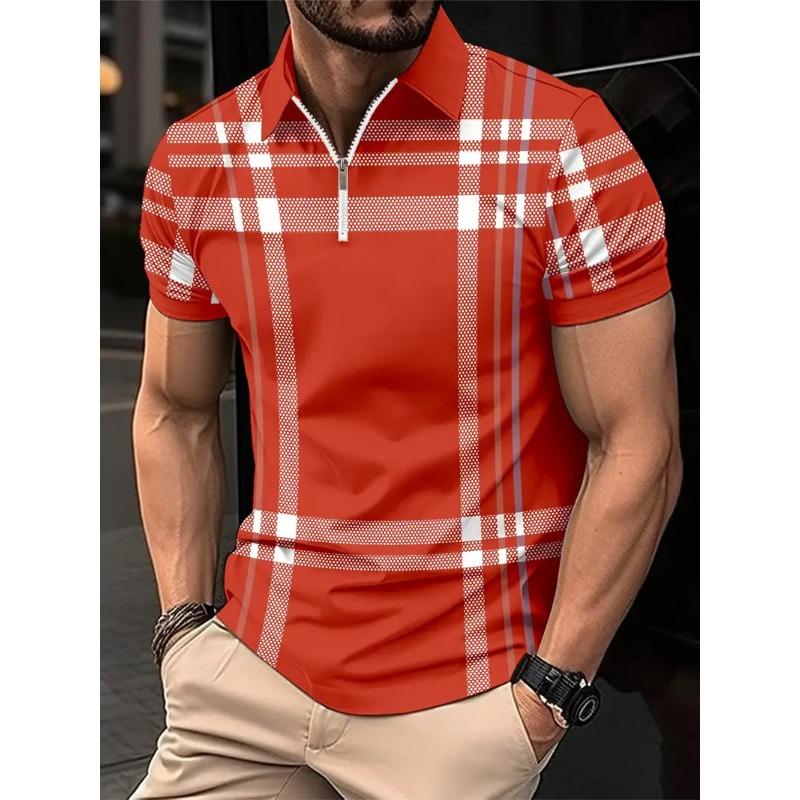 Plaid 3D Printed Short-Sleeved Top Men'S Casual Lapel Polo Shirt