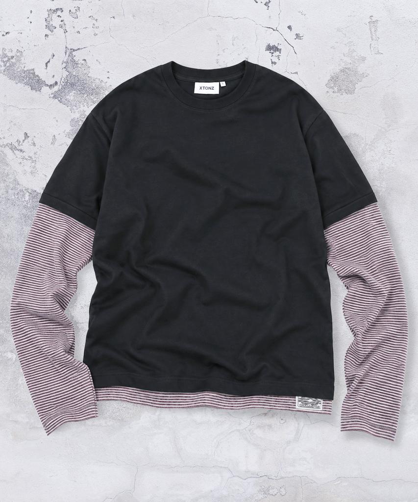 XTONZ Xtt166 Roll-Up Layered Crop Long Sleeve (Stripe Black)