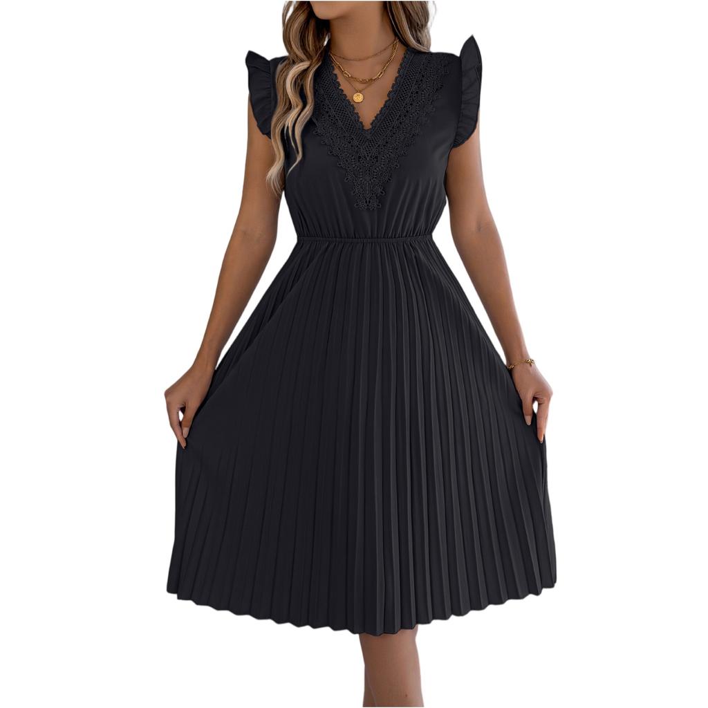 Women's Fashionable Casual Lace V-Neck Ruffled Waist-Cinched Pleated Dress