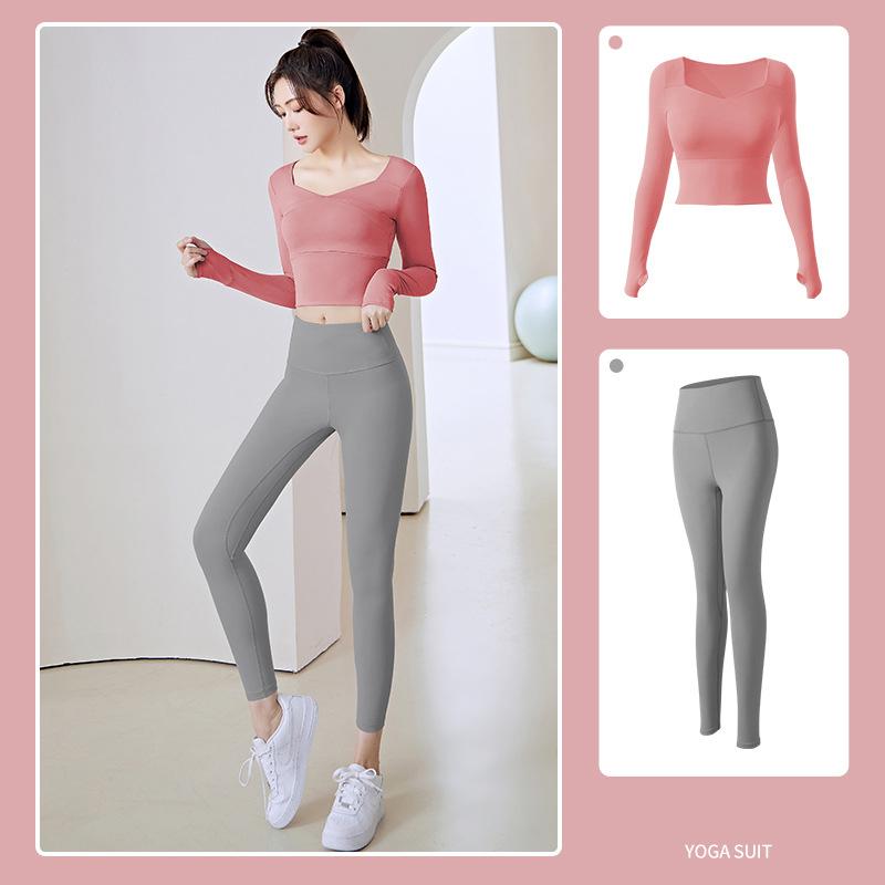 

2 шт., женский костюм для йоги, бесшовные спортивные комплекты, штаны для йоги, леггинсы, укороченный топ с длинными рукавами, одежда для спортзала и фитнеса, спортивная одежда XXL