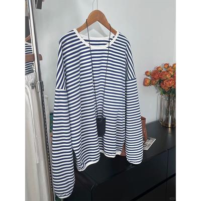 Crew Neck Contrasting Striped Sweater Women's Spring Loose and Thin Long-sleeved Shirt Casual Lazy Style Bottoming Top