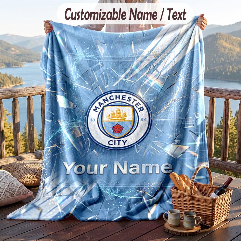Flannel Blanket Manchester City Print Custom Name Text Soft Throw for Sofa Bed