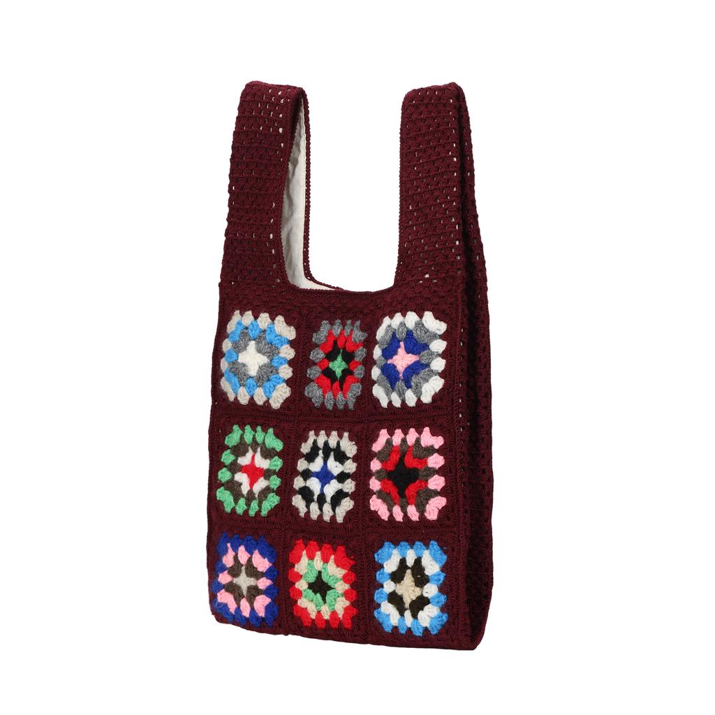 Marni Market Logo Patchwork Crochet Tote Bag Women Handbags Burgundy Multicolor SHMH0011Q2FC001JQM80
