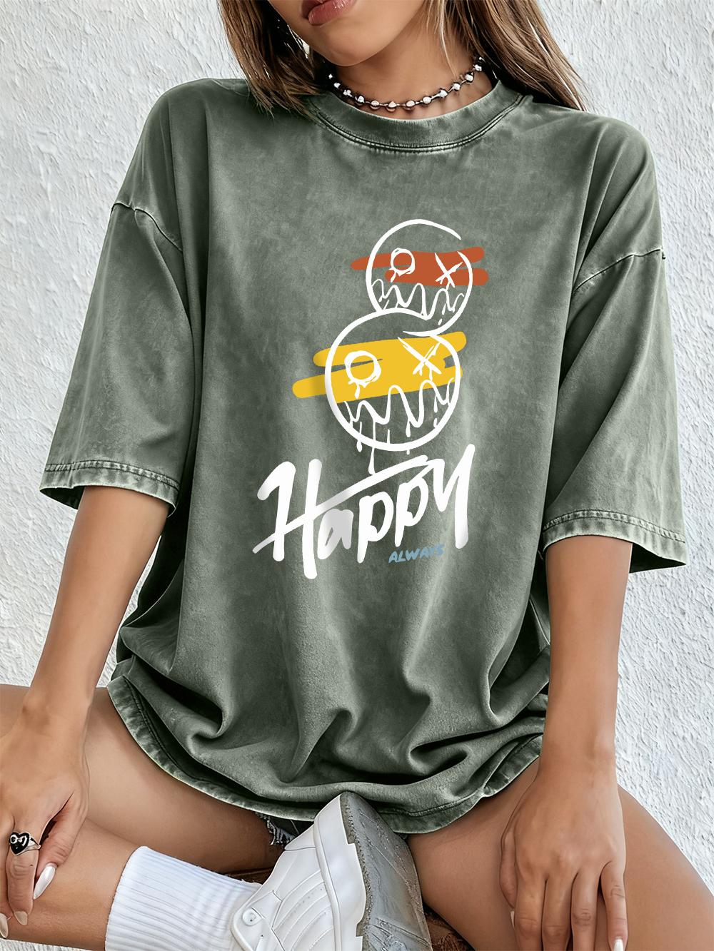 

Happy Always Graffiti Letter Cotton Washed TShirts Womens Summer Casual Oversized T Shirts ONeck Distressed Comfortable Tops S
