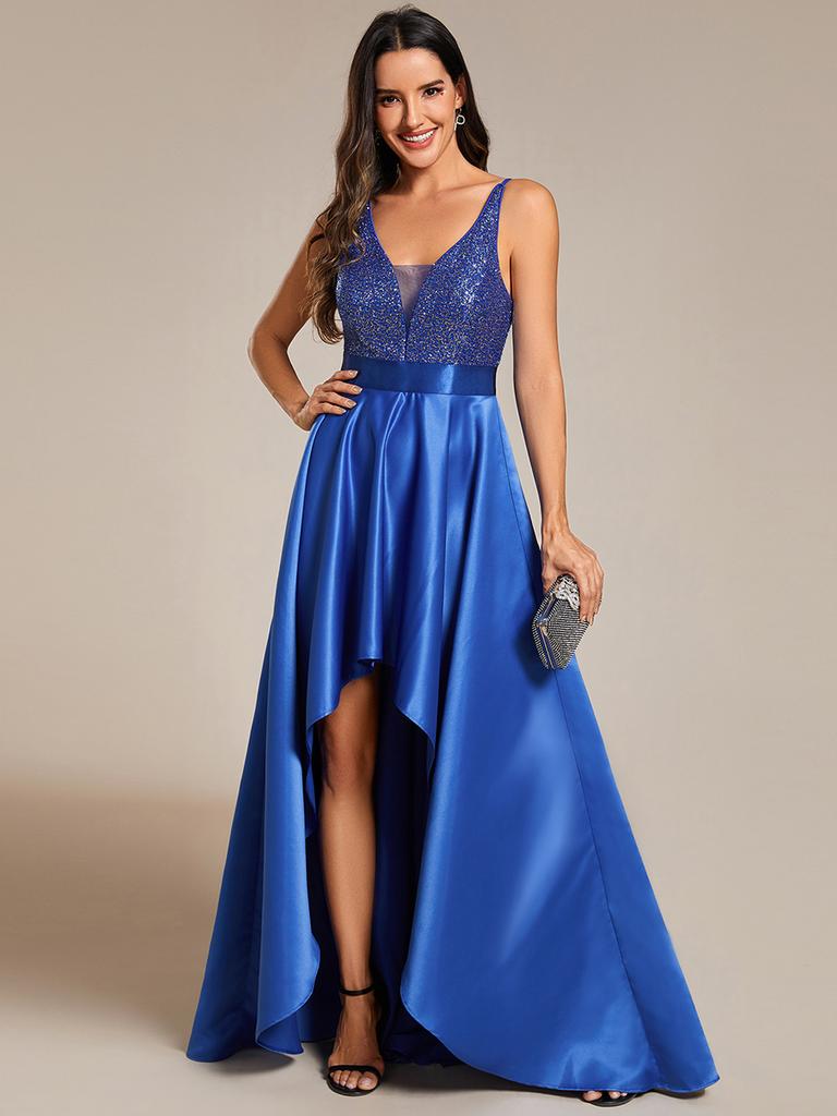 Ever-Pretty Women's V-Neck A-line High-Low Hem Backless Sparkly Prom Dress Plus Size Evening Dresses