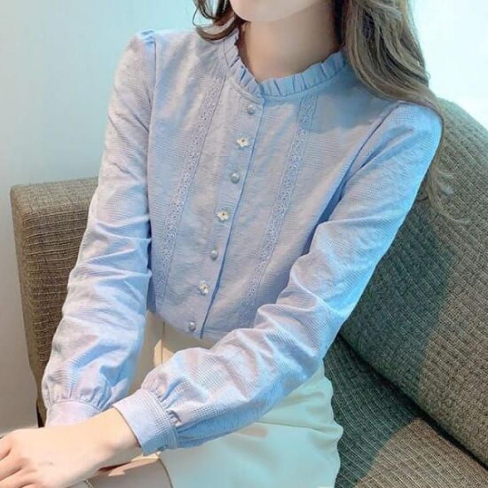 Navava Women Frill Flower Embroidery Long Sleeve Blouse Nb2460