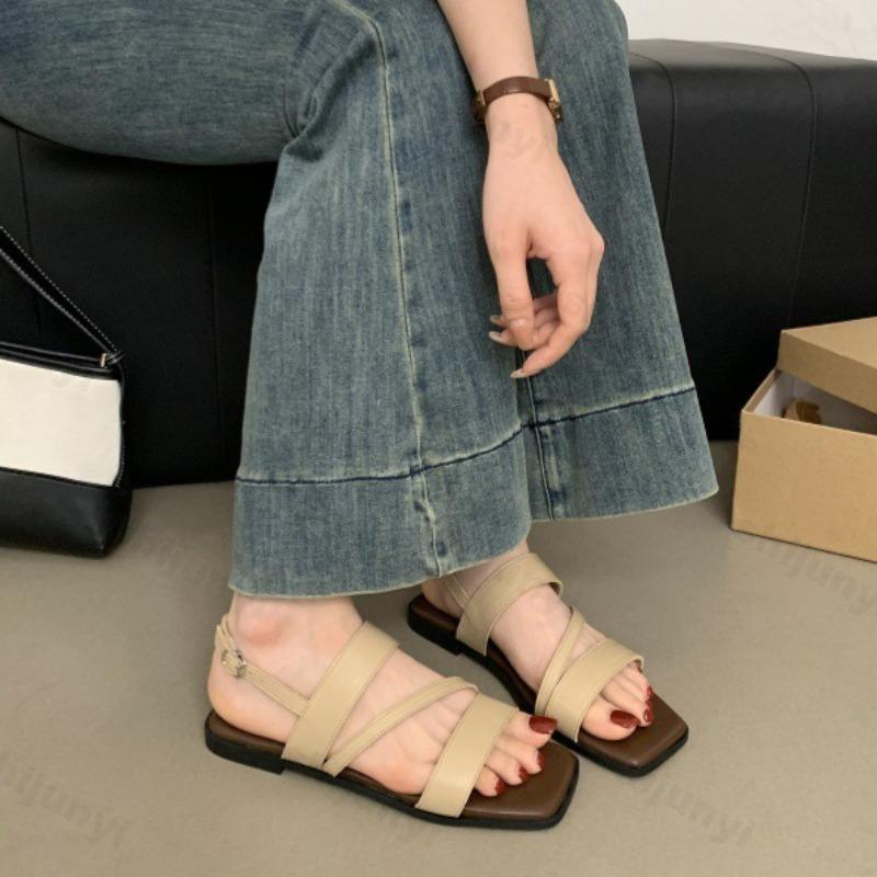 Fashion Roman Style Retro Open Toes Casual Flat Sandals for Women Summer 2025 Comfortable Versatile Back Strap Fashion Beach Cool Shoes