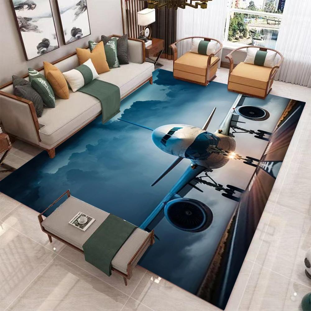 Large Airplane Take off Carpet Pink Purple Gradient Sky Clear Runway Details Living Room Area Rug Match Light Gray Home Decor