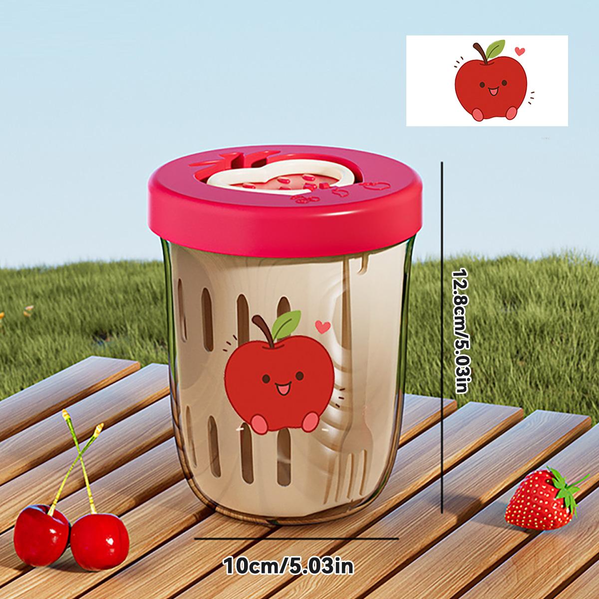 WORTHBUY Double-Layer Drain Fruit Cup With Cartoon Sticker Portable Oat Container Plastic Salad Cup With Fork For Kids Students