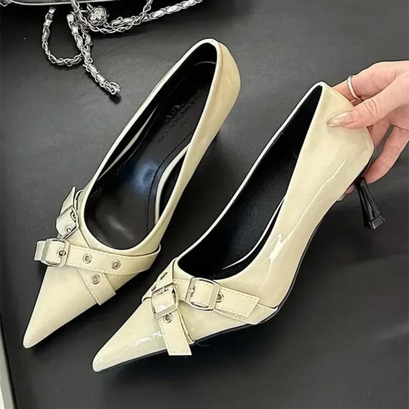 Fashion Elegant Patent Leather Metal Belt Buckle Designer Women Pumps Sexy Pointed Toe Thin High Heels High Quality Mary Jane Mules Shoe