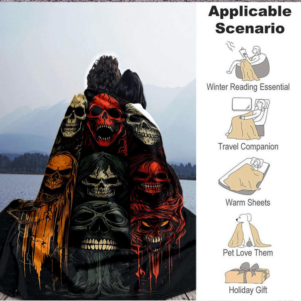 1pc Skulls, Death Blanket, Lightweight Flannel Throw Blanket For Sofa, Bed, Travel, Camping, Living Room, Office, Couch, Chair, And Bed