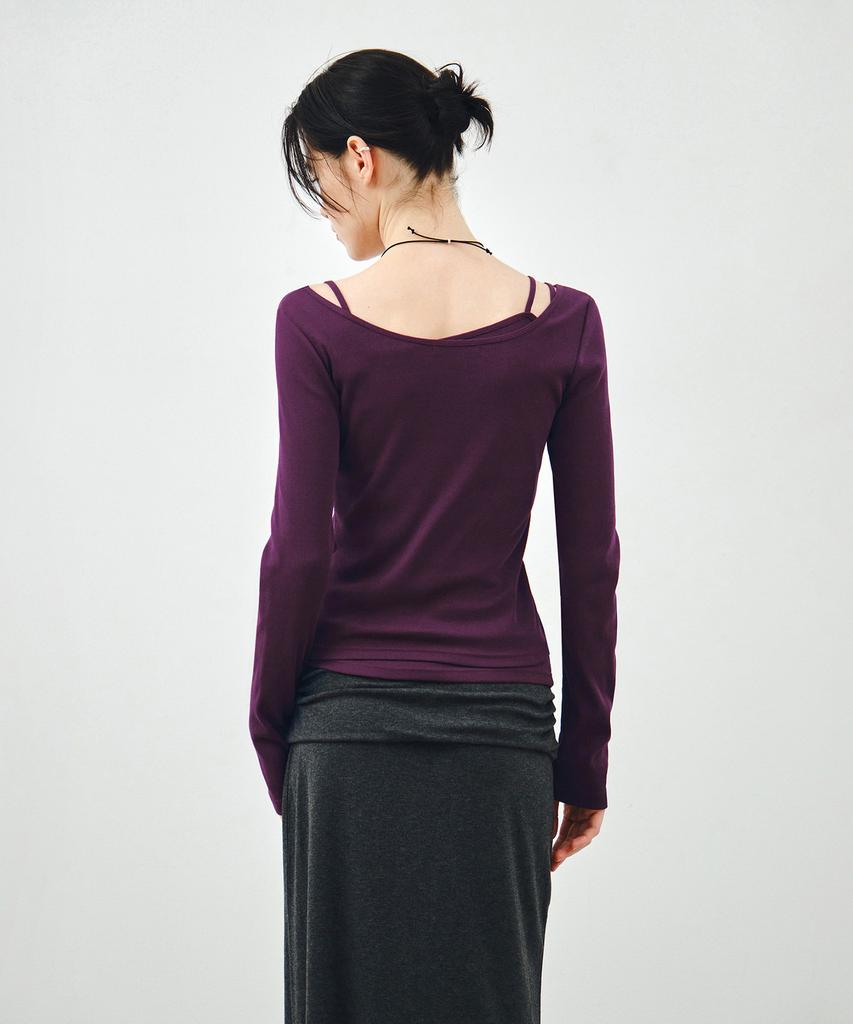 MONGDOL [Set] Boat Neck Layered Ribbed T-Shirt Violet Mdts087Violet