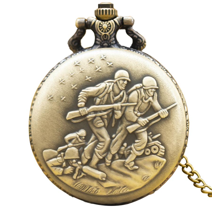 Retro Bronze Steampunk Soldier Flip-Back Quartz Necklace Series Commemorative Pocket Watch For Male And Female Students бронзовый