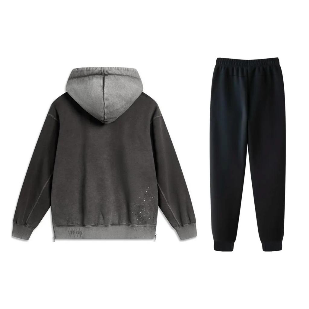 Li Ning Loose Fit Hooded Pullover Long Sleeve Sweatshirt And Mid Waist Elastic Pants Casual Sports Set Unisex Set AWDU097-1+AKLT645-1