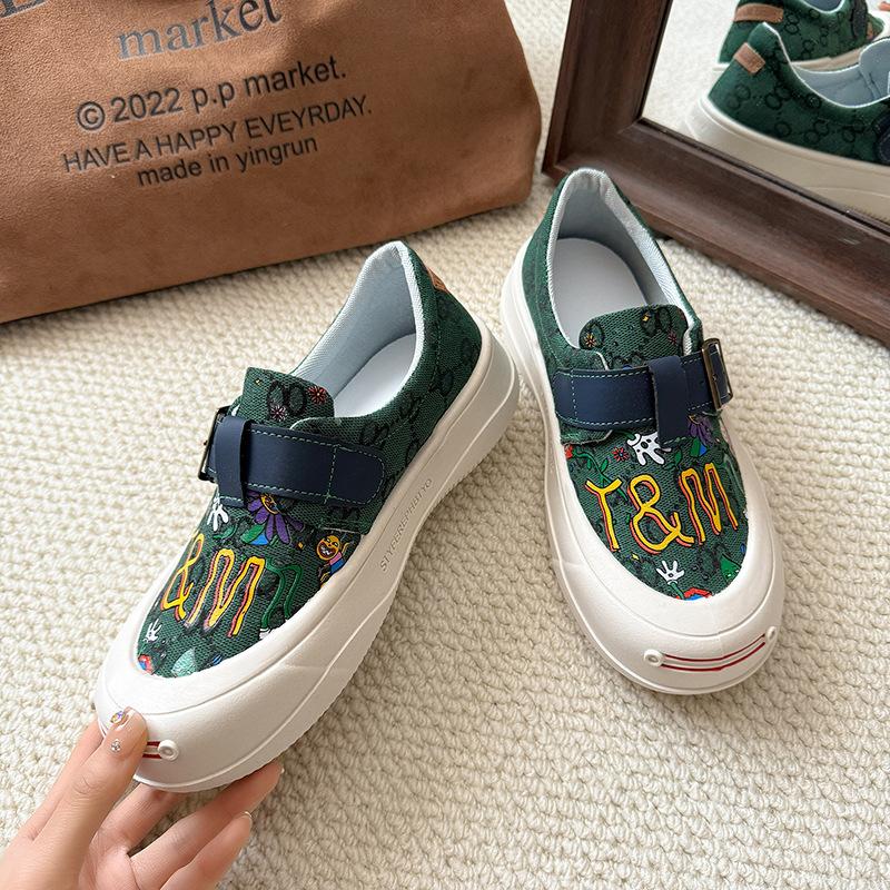 Hong Kong Printed Little White Shoes Women's 2025 Summer New One-pedal Lazy Casual Shoes Design Platform Women's Shoes