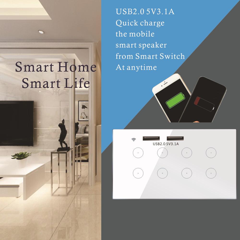 Smart Home Tuya 4/5/6/7/8-fach Multifunktions-Integrierter Wand-WLAN-Smart-Lichtschalter-Steckdose Funktioniert mit Google/Alexa
