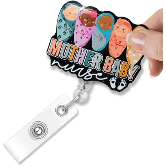 Mother Baby Nurse Glitter Retractable Badge Holder, Funny Babies Badge Reel Gifts for Labor and Delivery Nurse MBU Midwife, L&D Gifts for Mother Baby