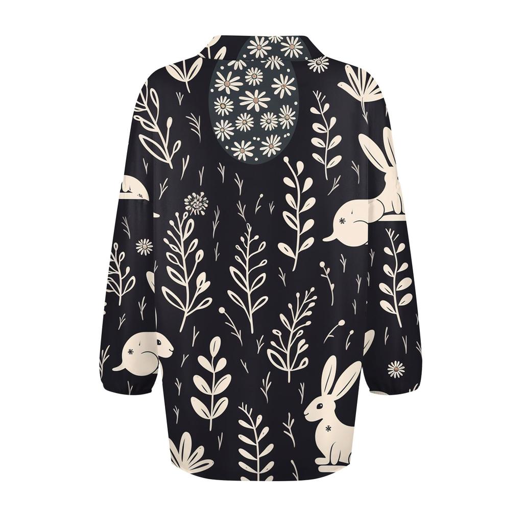 Women's Shirt Button Casual Easter Print Fashion Round Neck Drop Shoulder Seven Sleeve Shirt Top