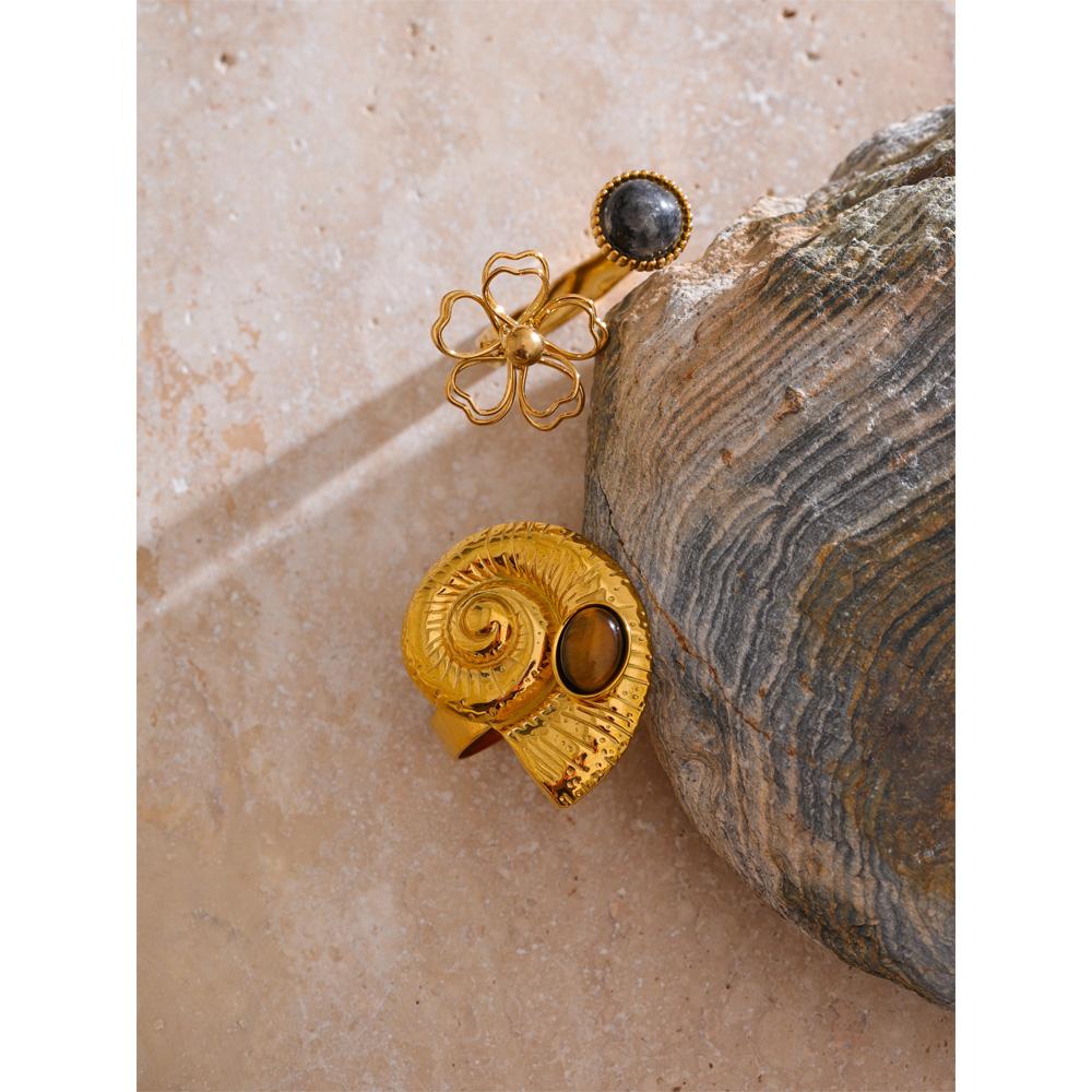 Eetit Natürlicher Spektrolith Tigerstein Muschelblume Offener Verstellbarer Ring Edelstahl Golden Neuankömmlinge Schmuck Geschenk