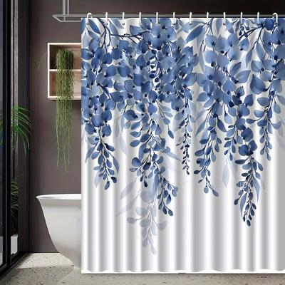 1 Stück Blaue Blumenrankenmuster Bedruckter Duschvorhang für Heim-Badezimmerdekoration mit Haken, Polyestergewebe, Maschinenwaschbar