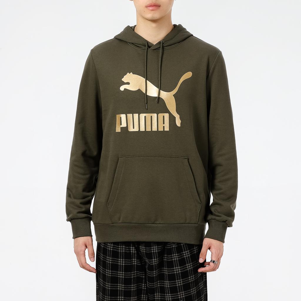 Puma Classics Metallic Logo Print Hoodie Men Sweatshirt Olive-Green 531370-44