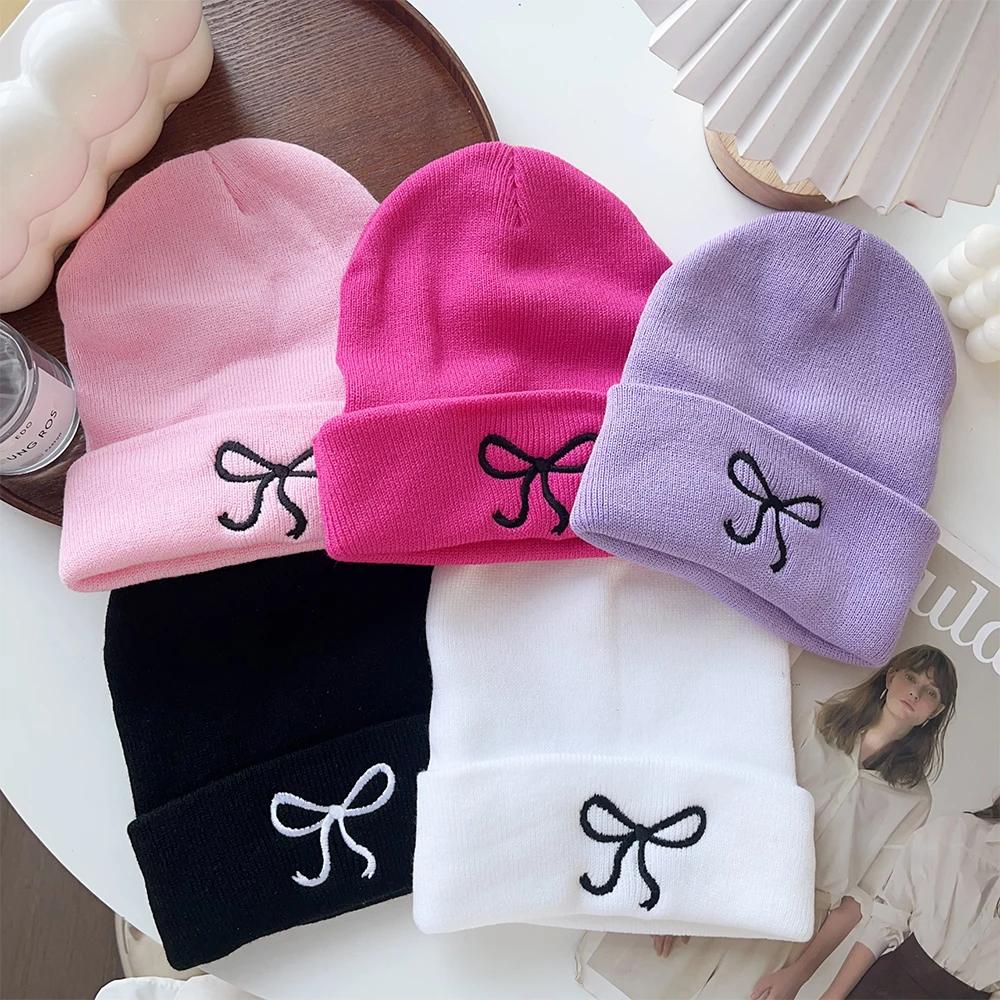 Y2K Bow Embroidered Knitted Hat Autumn And Winter Warm Women Beanies Cap Korean Fashion Solid Color Female Girls Skullcap Bonnet