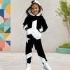Girls Hooded Long Sleeve Black White Printed Two Piece Set Kangaroo Pocket Cuffed Pants