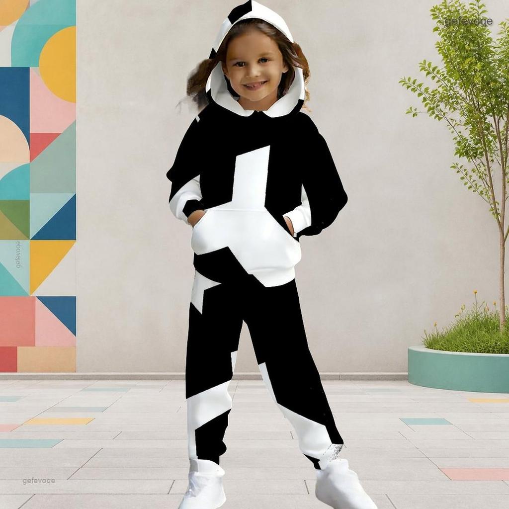 Girls Hooded Long Sleeve Black White Printed Two Piece Set Kangaroo Pocket Cuffed Pants