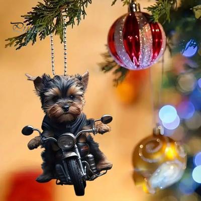Acrylic Car Pendant Puppy Riding A Motorcycle Hanging Pendant with Lanyard Lightweight Rearview Mirror Ornament Animal Pendant Car Interior