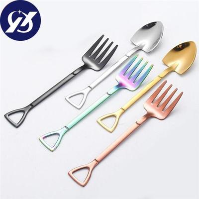 Creative Stainless Steel Shovel Shaped Spoon Fork Colorful Tableware Long Handle Coffee Spoon Teaspoon Stirring Spoon