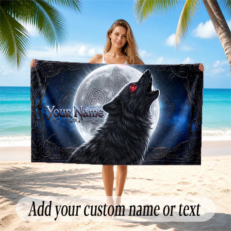 Wolf Theme Beach Towel Personalized Custom Name & Text Soft Quick Dry Beach Towel for Swimming Travel