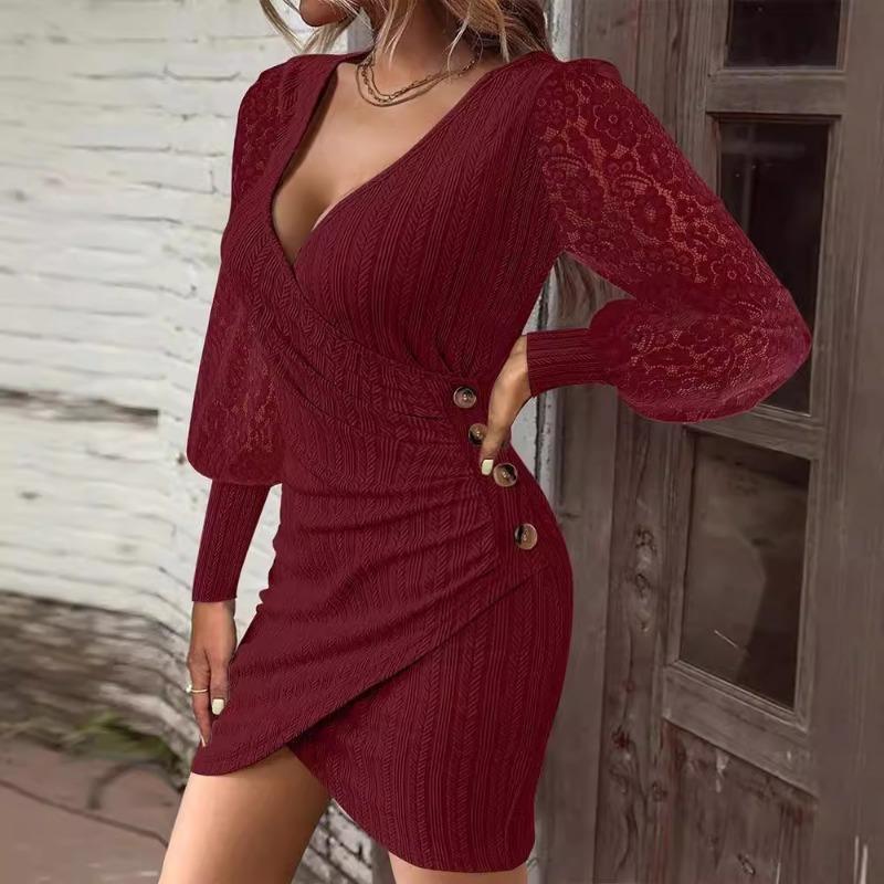 Autumn Solid Color V-neck Slim Fit Sexy Long Sleeved Tight Fitting Hip Hugging for Women Dresses