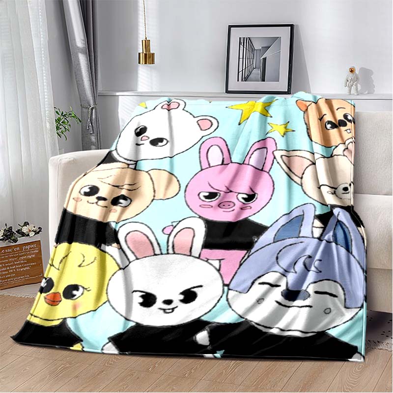 Kawaii Cartoon Animal Characters Print Flannel Blanket, Black Background Throw Blanket 80cm x 120cm