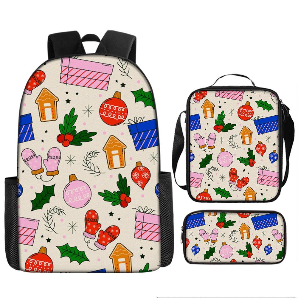 Santa Claus Christmas Tree Backpack Elementary School Bag Large Capacity Leisure Bag Lunch Bag Pencil Bag Three-piece Set