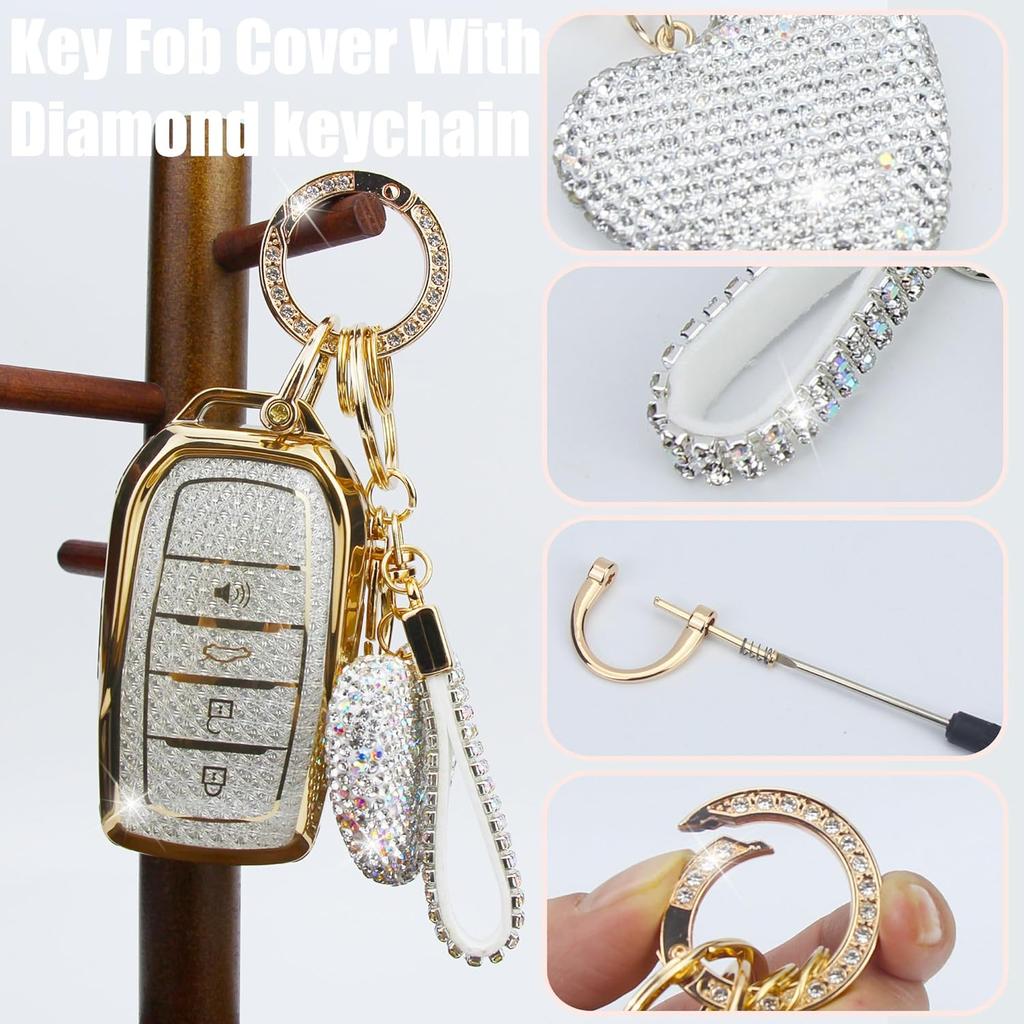 Key Fob Cover With Diamond Keychain Fit For Toyota Car Key Holder Compatible With Camry 2025, Venza -2024, RAV4 Prime, Land Cruiser, Fortuner, Grand