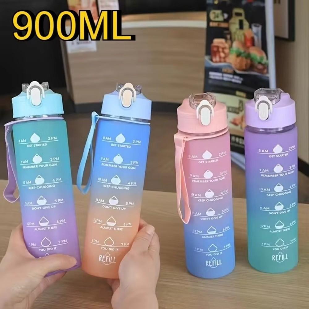 900ML Sports Water Bottle Frosted Surface Progressive Color Rainbow Water Cup Straw Design High Temperature Resistant