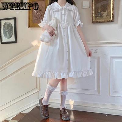 White Kawaii Lolita Dress for Girl Soft Princess Fairy Peter Pan Collar Dress Japanese Style Cute Puff Sleeve Party Dress