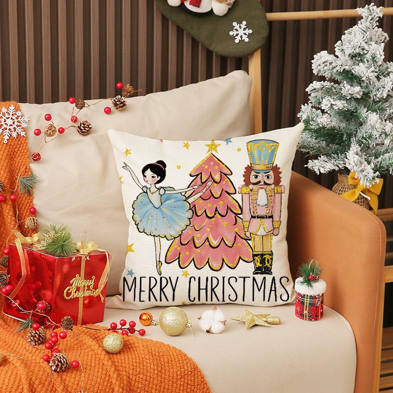 Ny God Jul Nötknäppare Kuddfodral Linne Tryck Tecknad Träsoldat Kudde Dekoration