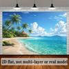 2D Planar Beach Scenery Theme Background Fabric. The Picture Shows a Peaceful White Sandy Beach with Lush Trees.