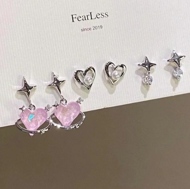 

Korean niche design sense pink love star six-piece earrings women s autumn and winter foreign style earrings earrings